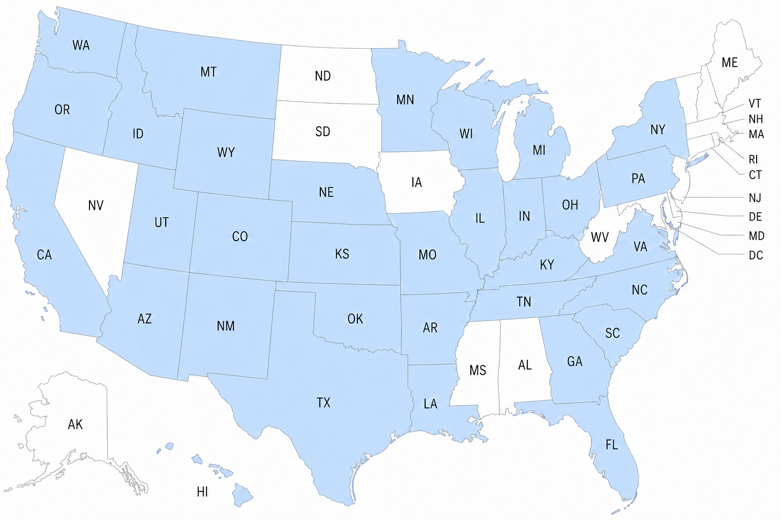 Map of the United States showing states with active Clean Clothing Coalition State Ambassador interest highlighted in the coalition's denim blue.