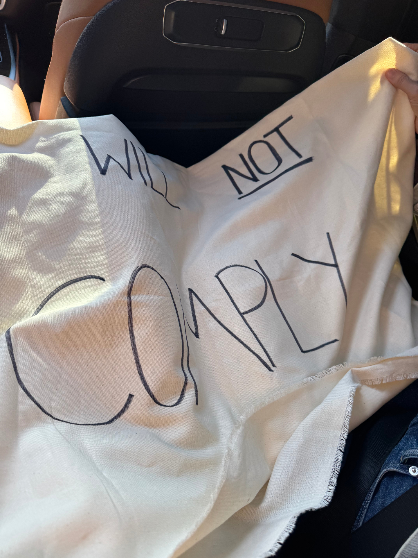 Hand-lettered fabric banner reading 'Will Not Comply'